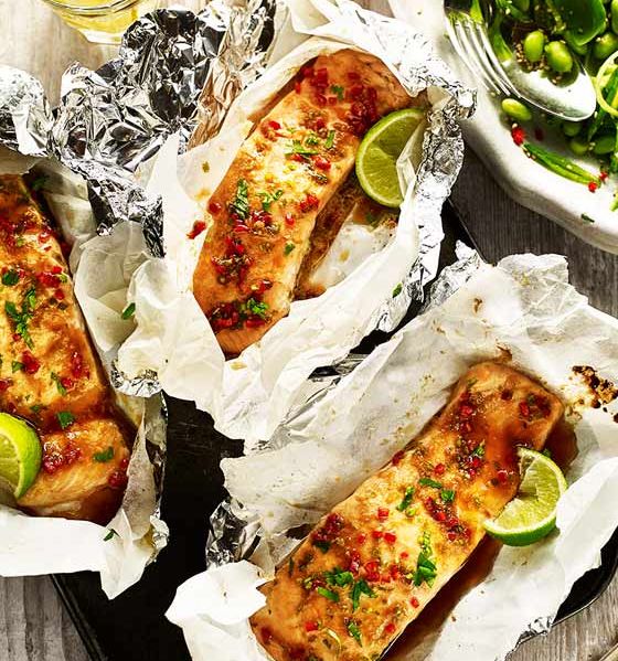 Soy and ginger salmon parcels with sesame sugar snap salad 