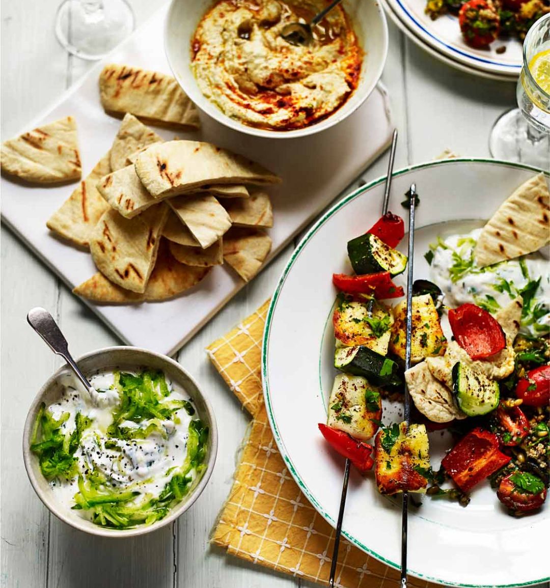Veggie halloumi kebabs with freekeh, orange and walnut salad