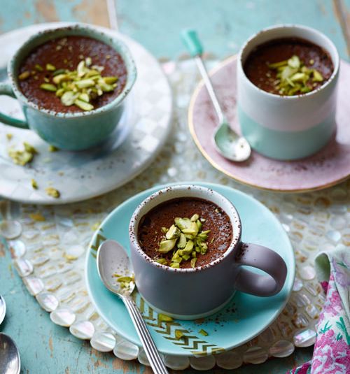 Chocolate, sour cherry and pistachio pots