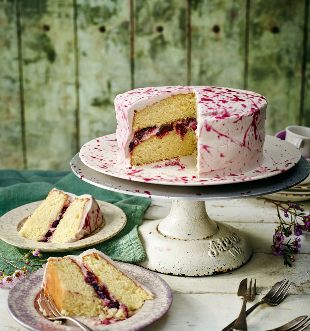 Boozy blueberry and lime cake, with Jackson Pollock-style drizzle 