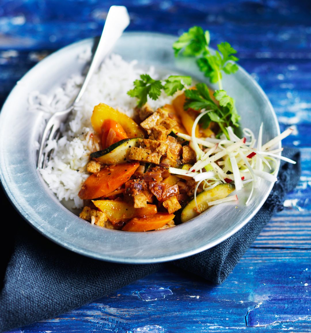 Korean-style stew with marinated tofu pieces