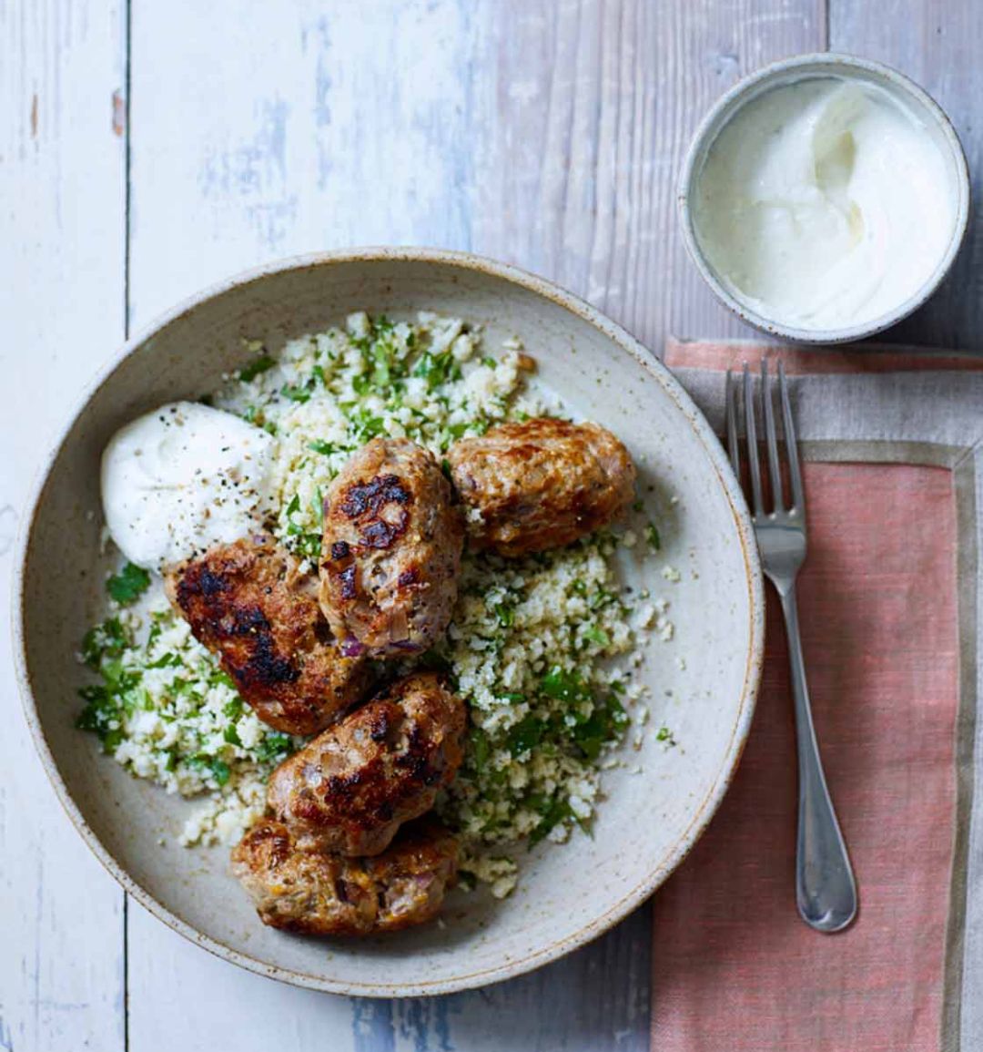 Pork kebabs with spicy cauliflower couscous