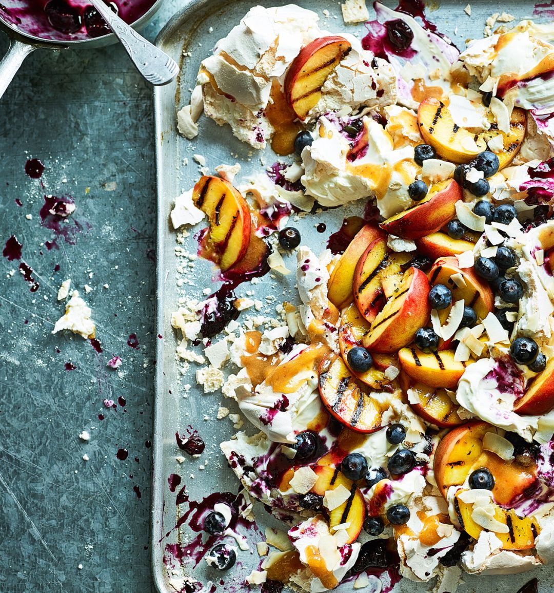 Blueberry, peach and coconut pavlova smash