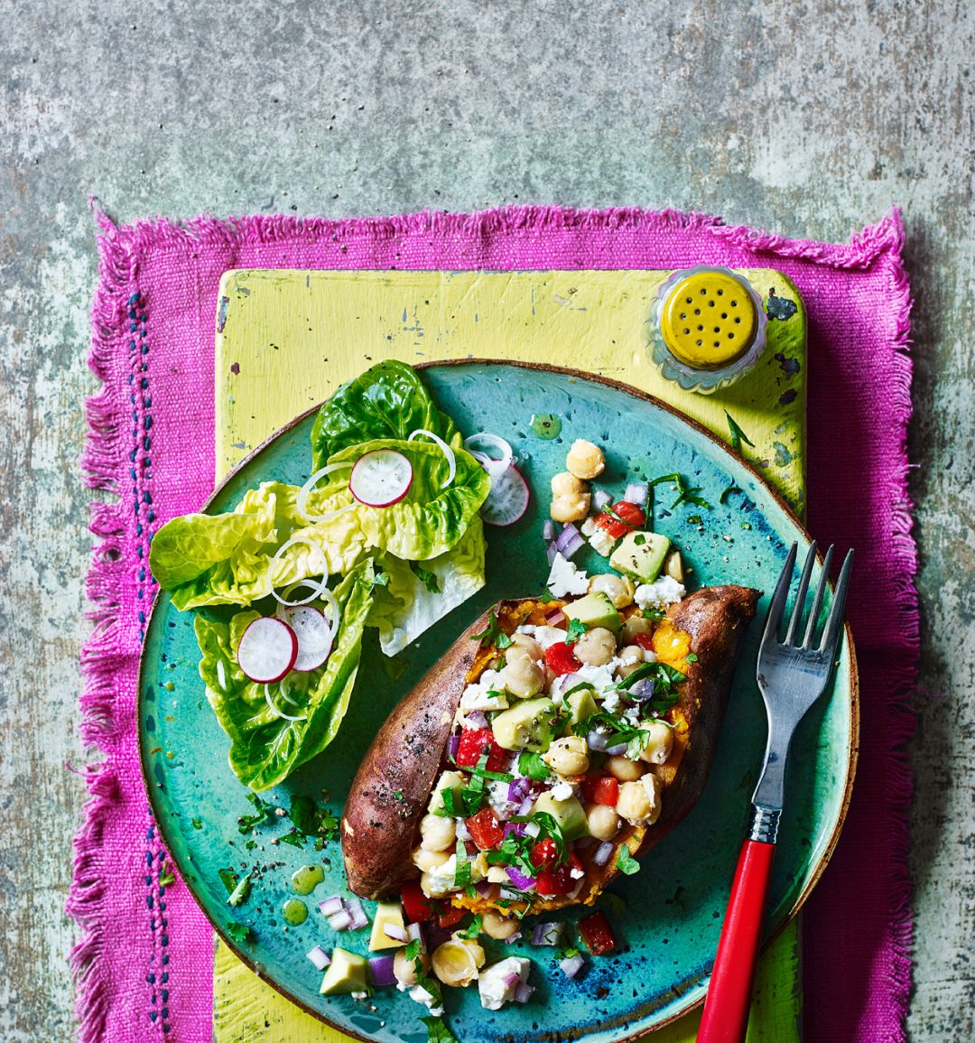 Sweet potatoes stuffed with chickpeas and feta