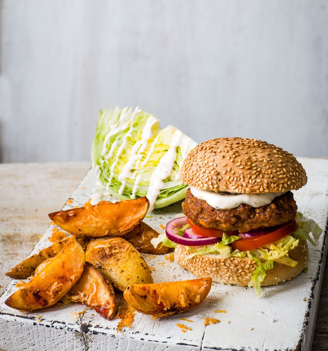 Smoky pork burger and wedges