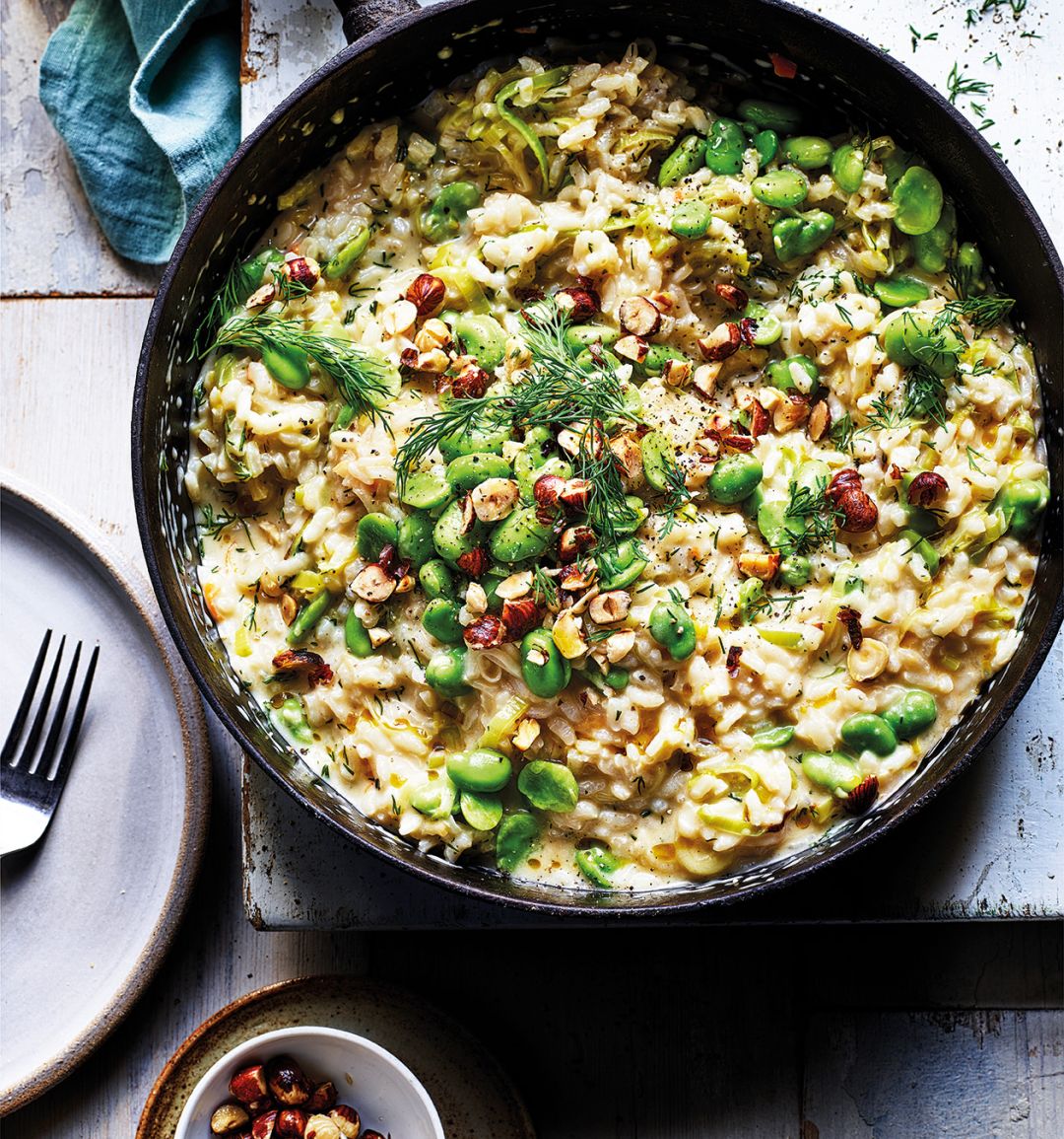 Broad bean, dill and hazelnut risotto