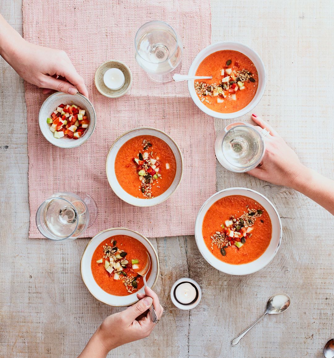 Gazpacho with apple salsa and smoky seeds