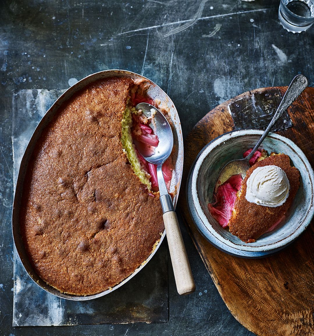 Rhubarb and buttermilk-almond sponge