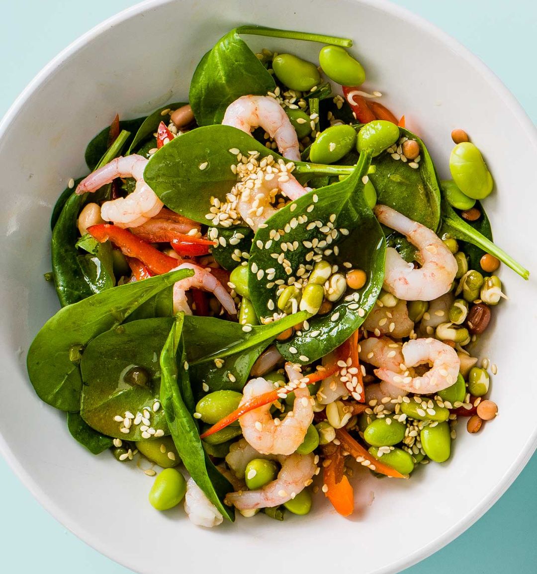 Prawn, edamame and pepper salad with wasabi dressing
