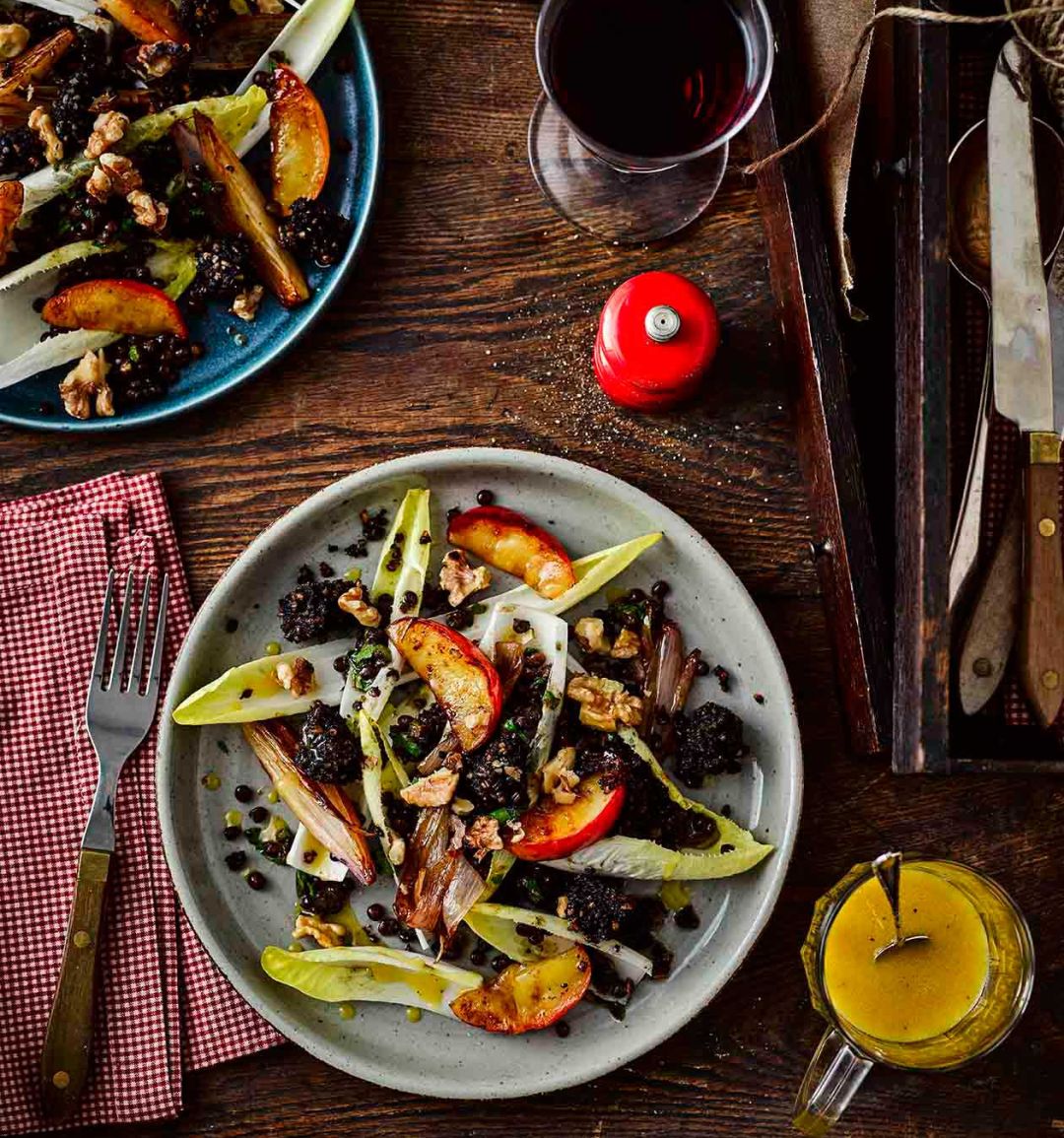 Warm salad of black pudding, lentils and caramelised apples 
