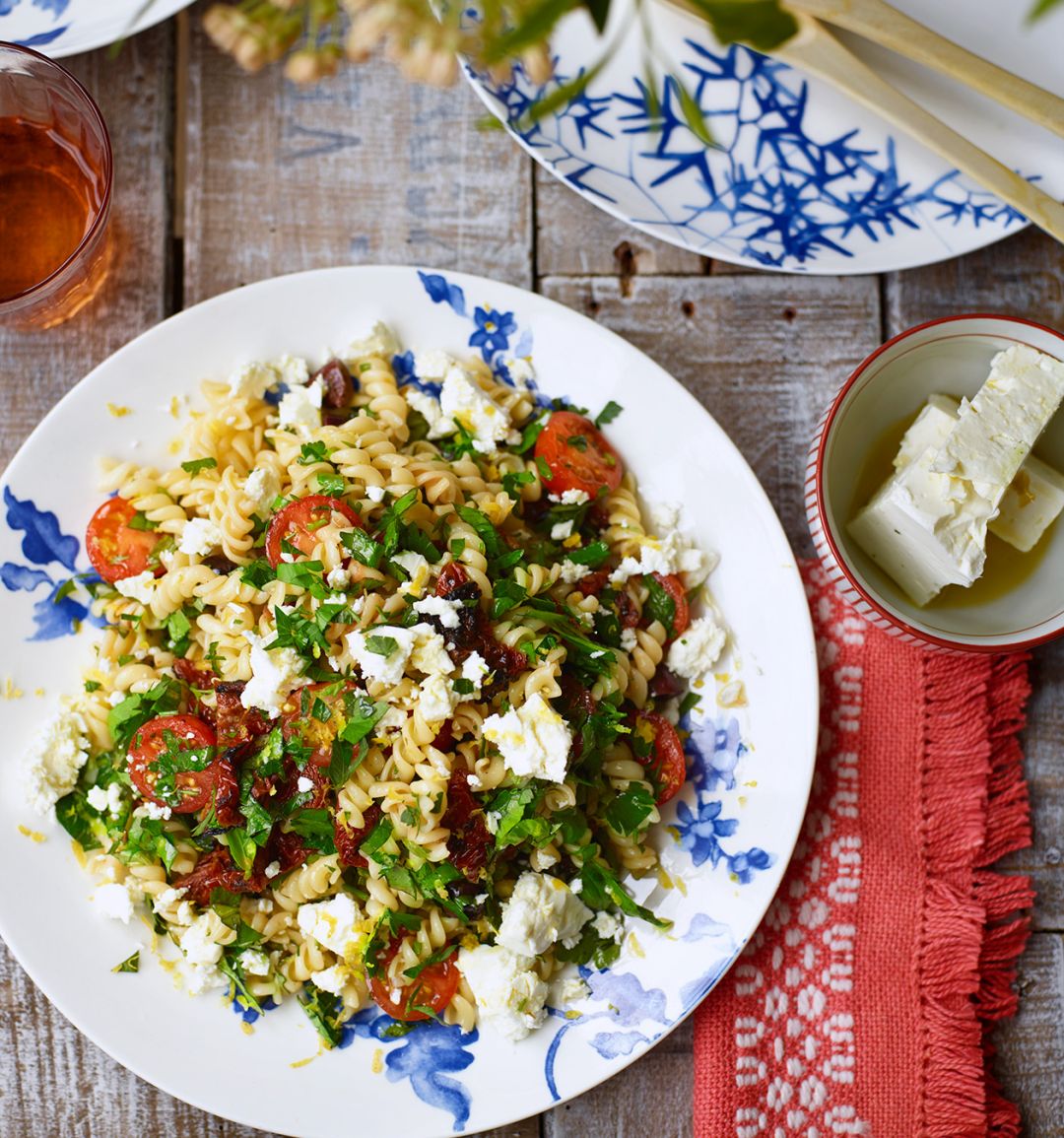 Triple tomato pasta salad with feta