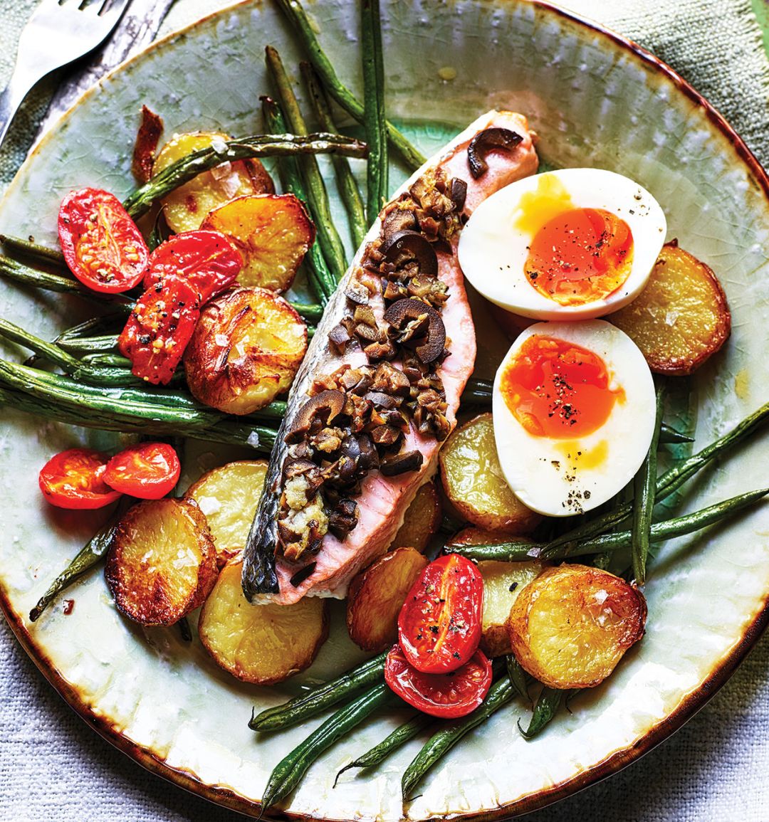 Roasted salmon Niçoise with soft-boiled eggs