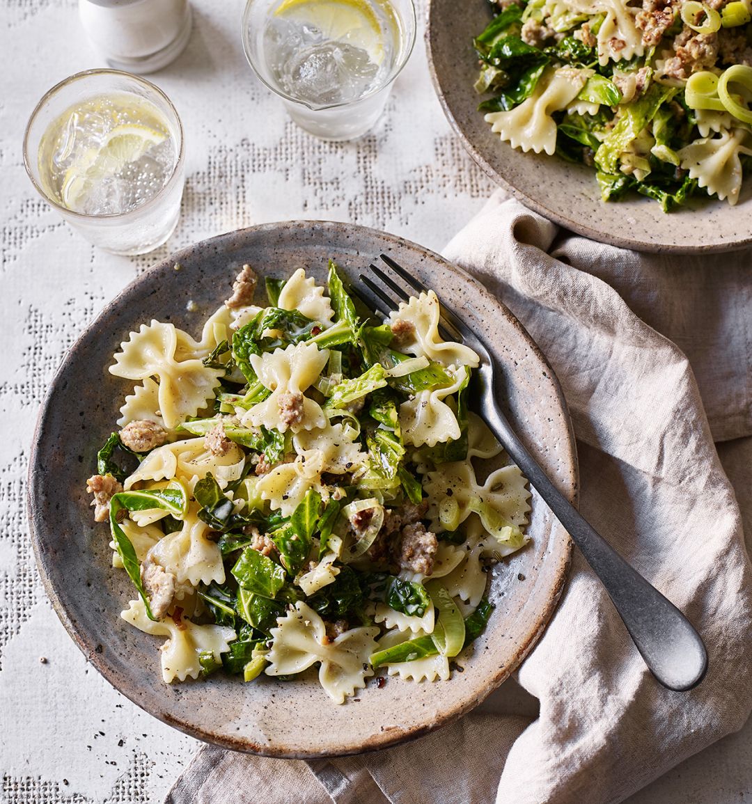 Sausage, cabbage and leek pasta