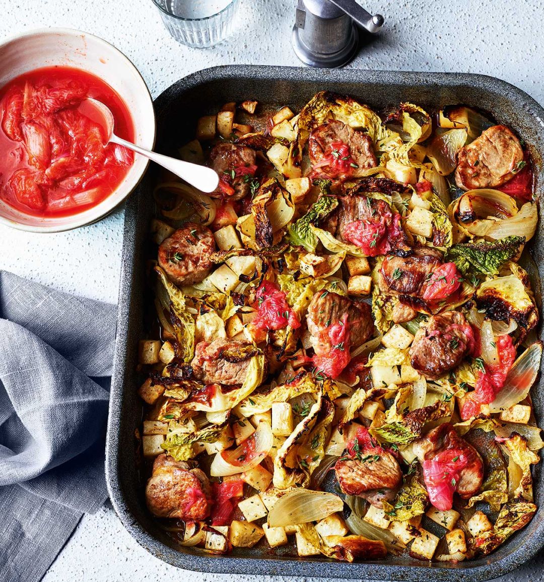 Pork and winter veg traybake with speedy rhubarb relish