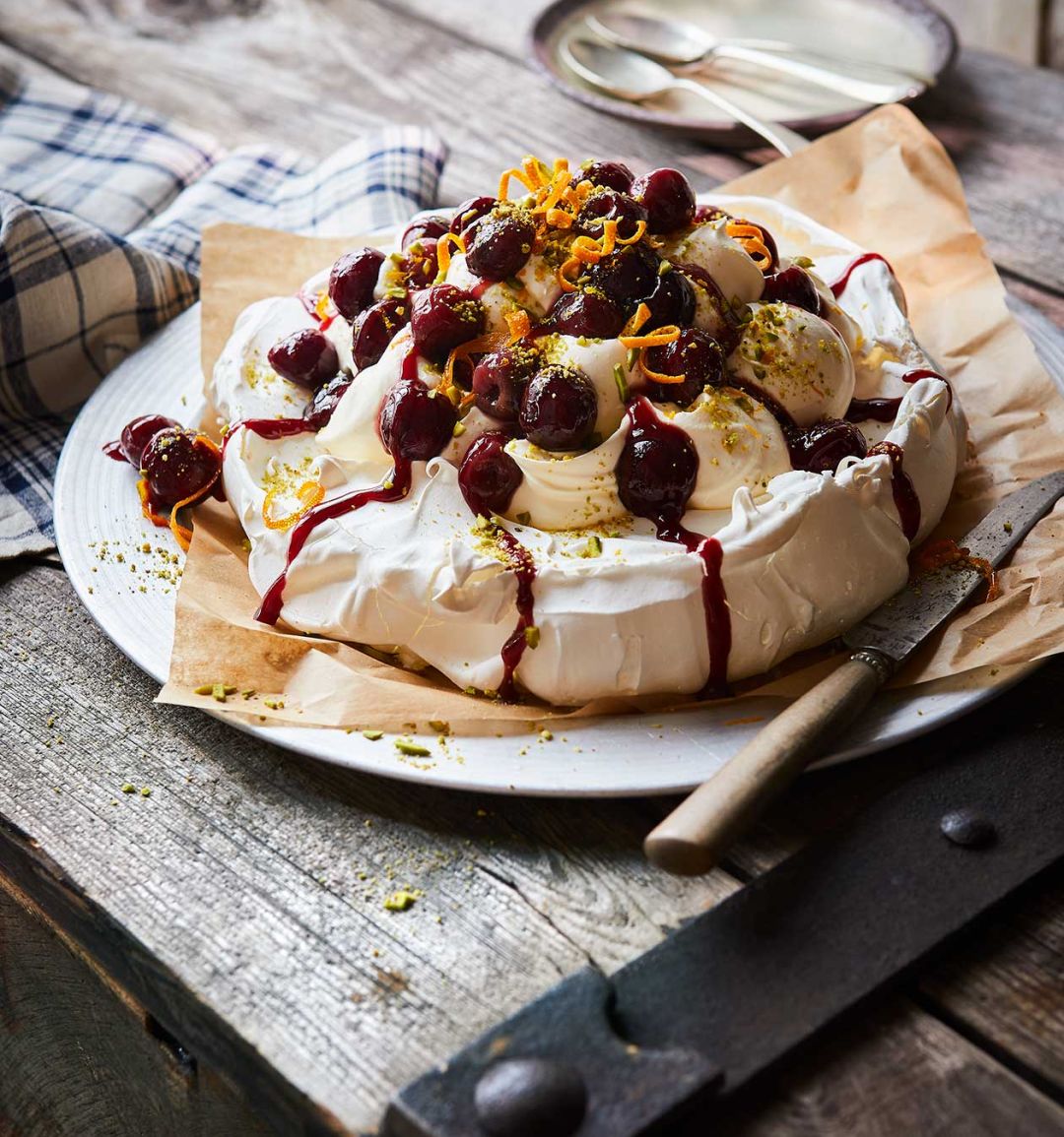 Cherry and pistachio pavlova