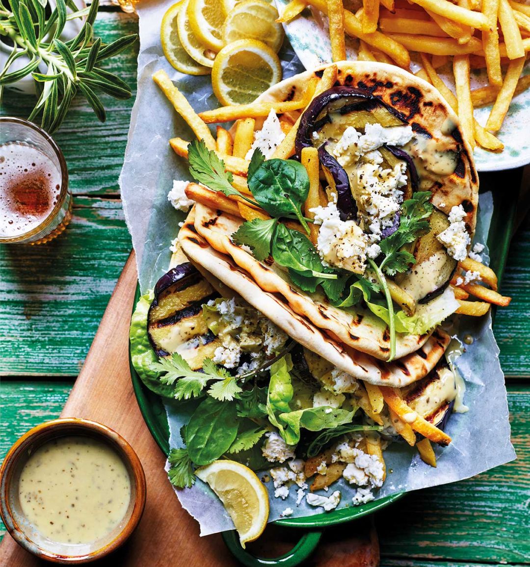 Barbecued aubergine, pesto & feta gyros