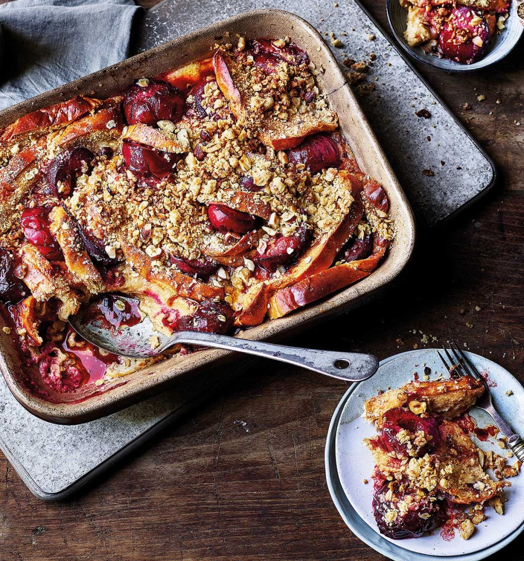 Roasted plum bread and butter crumble