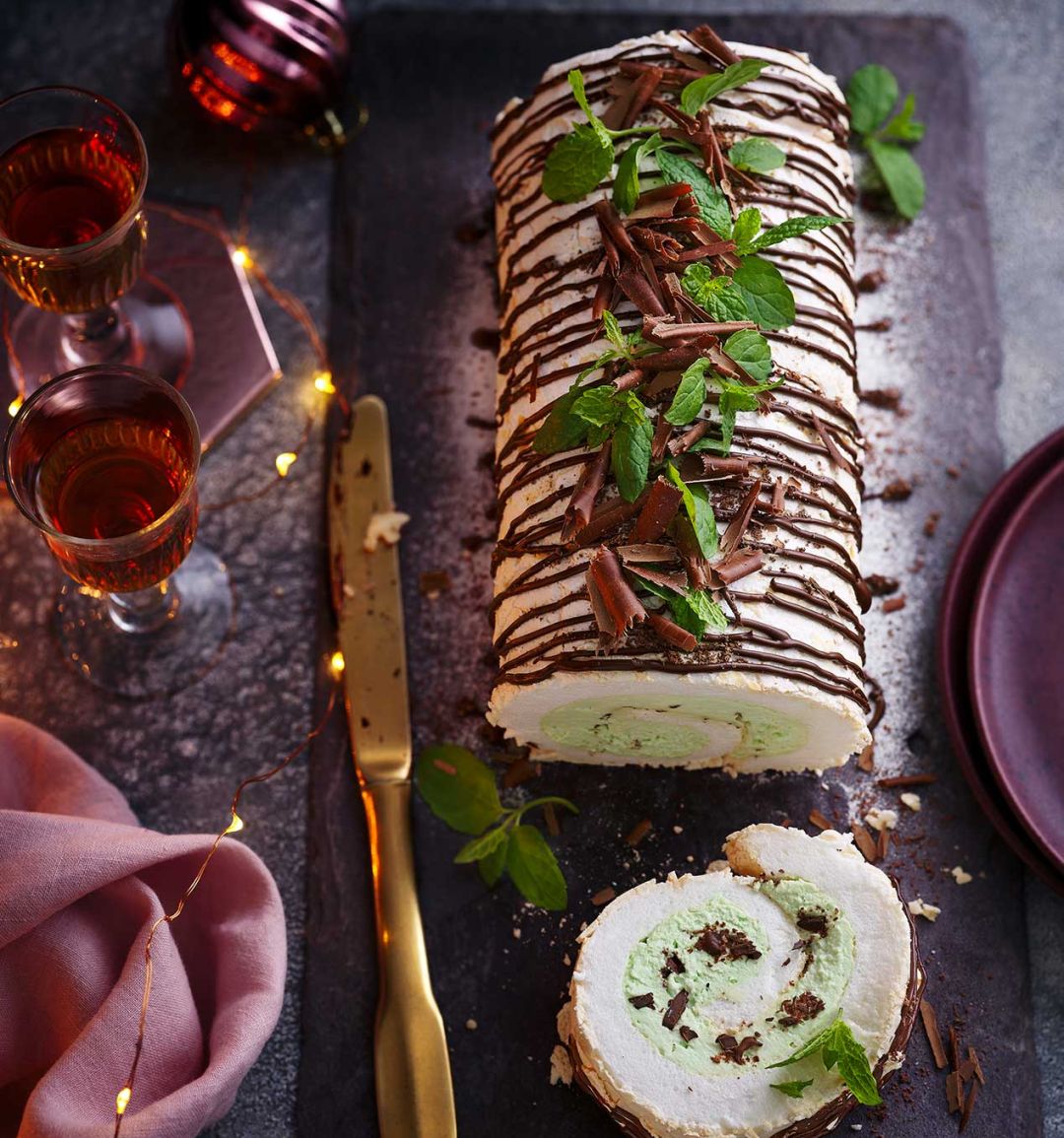 Peppermint cream meringue roulade 