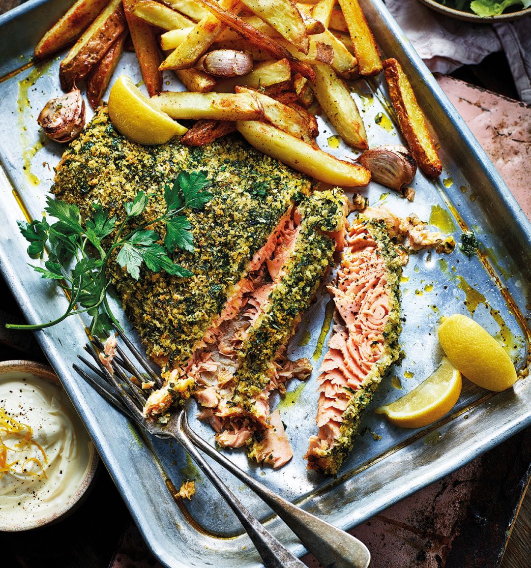Herb-crusted salmon with garlic fries 
