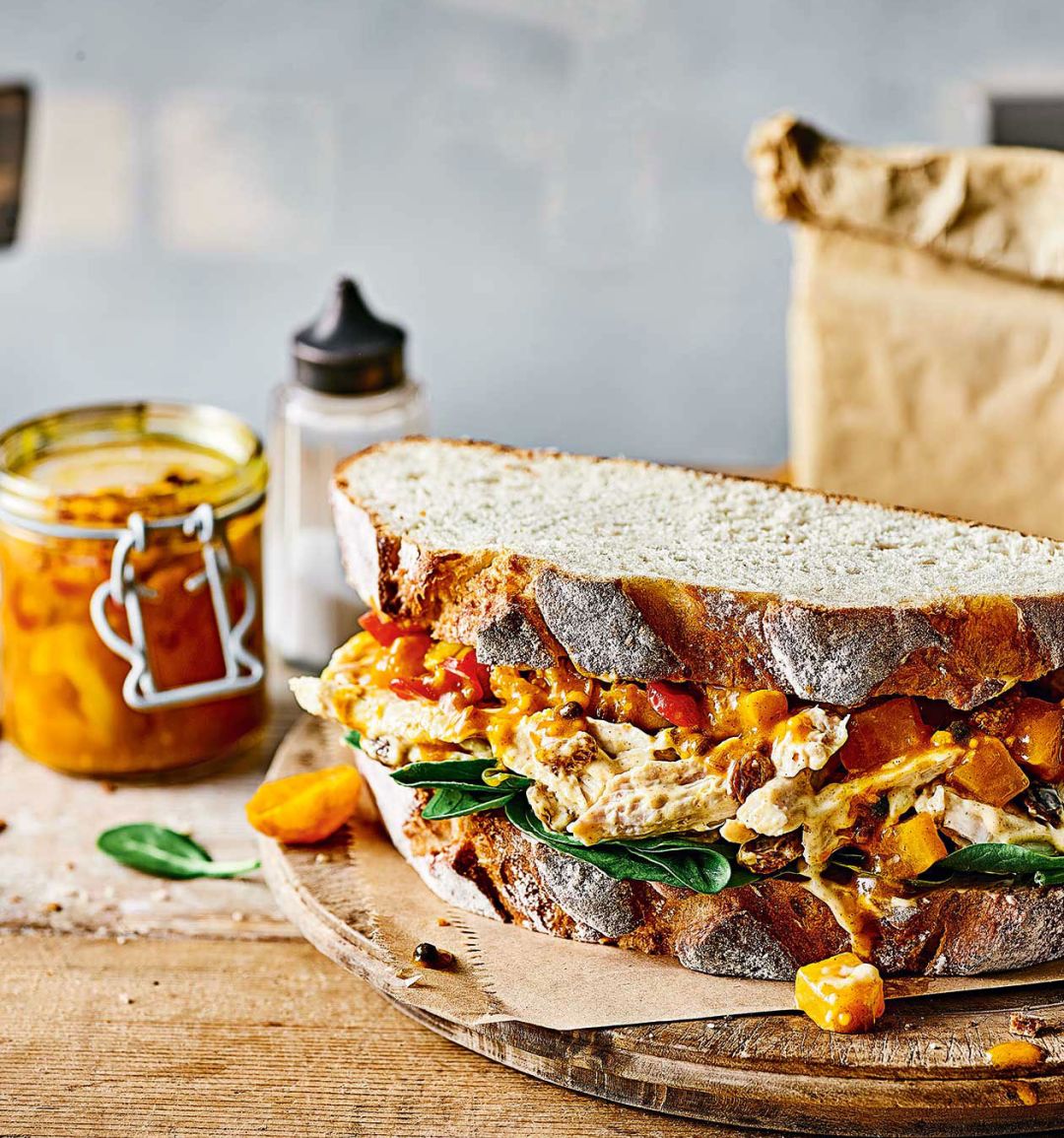 Coronation chicken and mango piccalilli sandwich