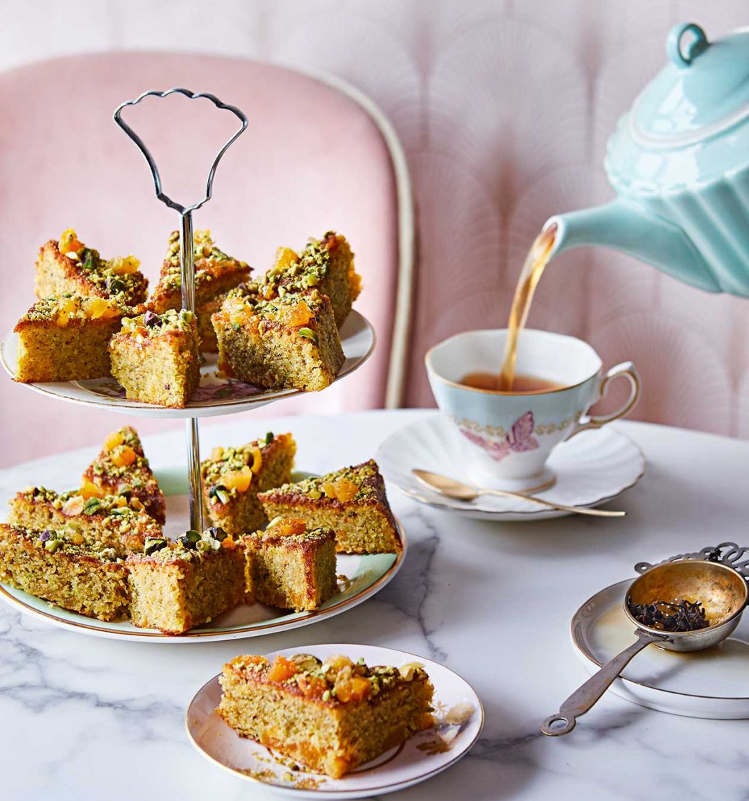 Pistachio and apricot cake with camomile syrup
