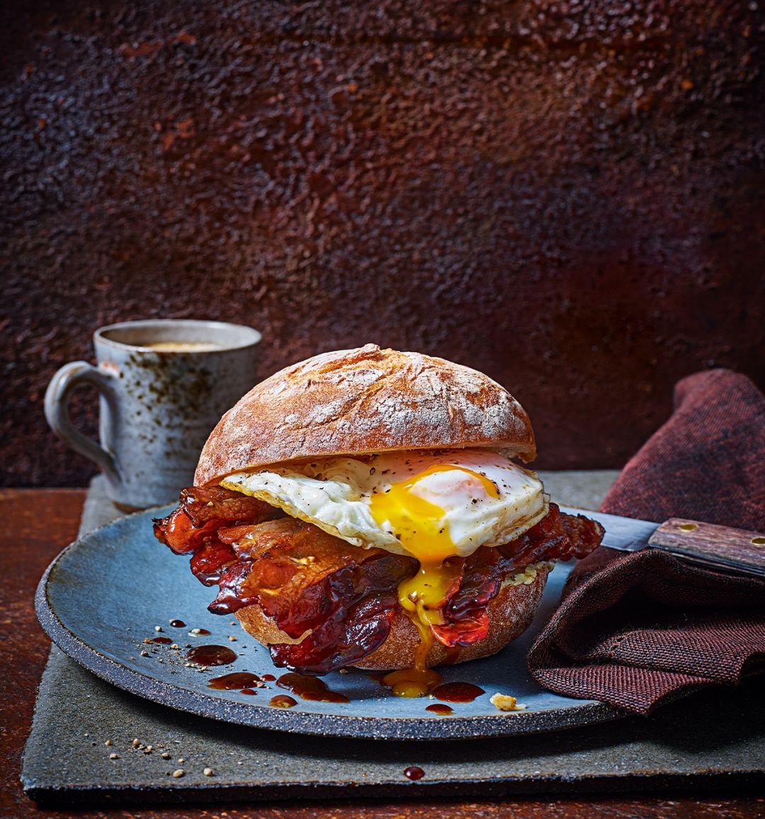 Breakfast baps with coffee-maple bacon
