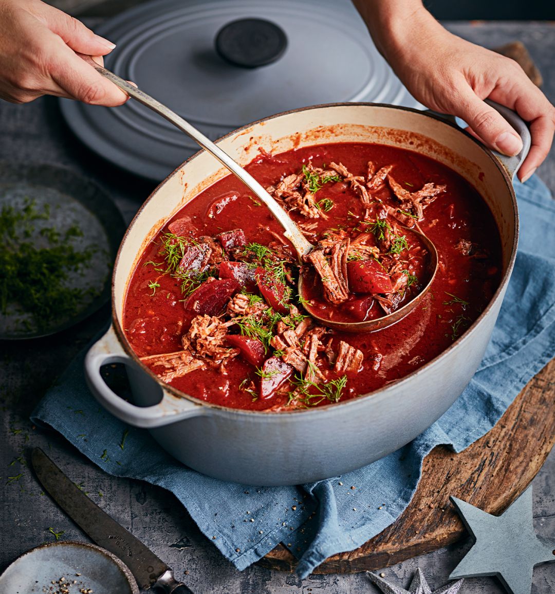Slow-cooked caraway beef and beetroot stew 