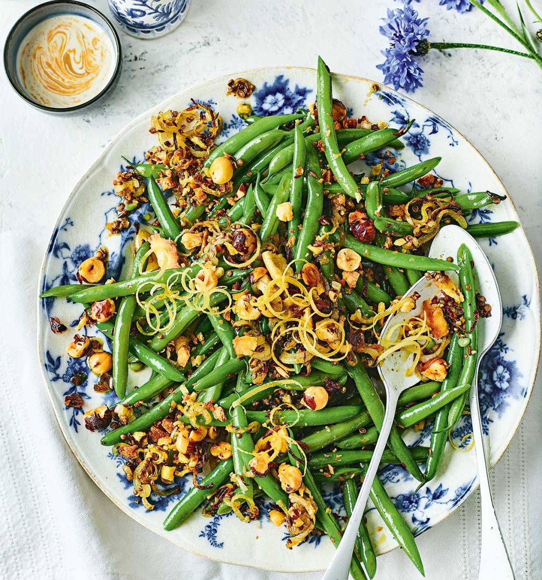 Roasted green beans with spiced hazelnut crumb and tahini