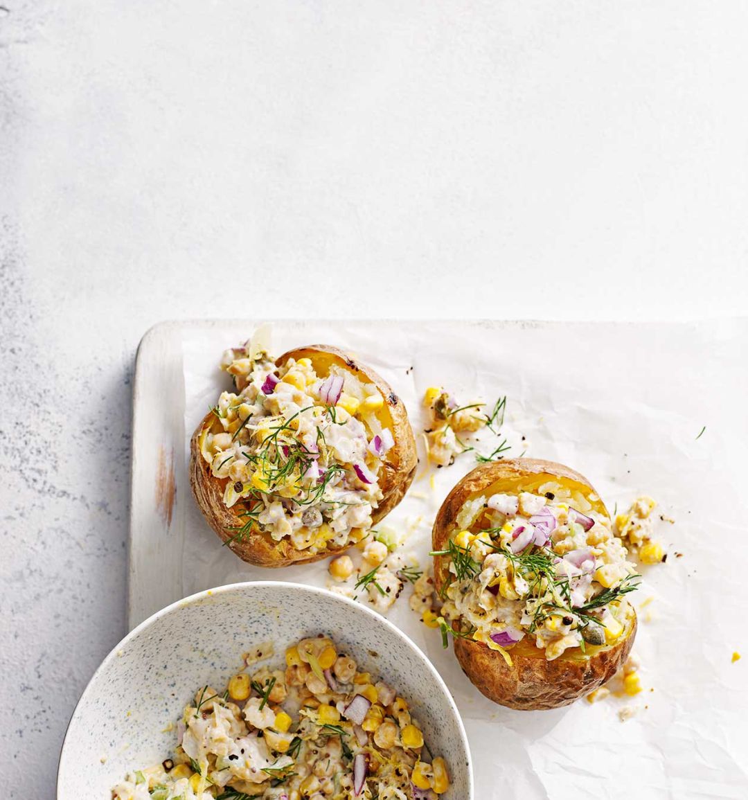 Vegan chickpea 'tuna' baked potatoes