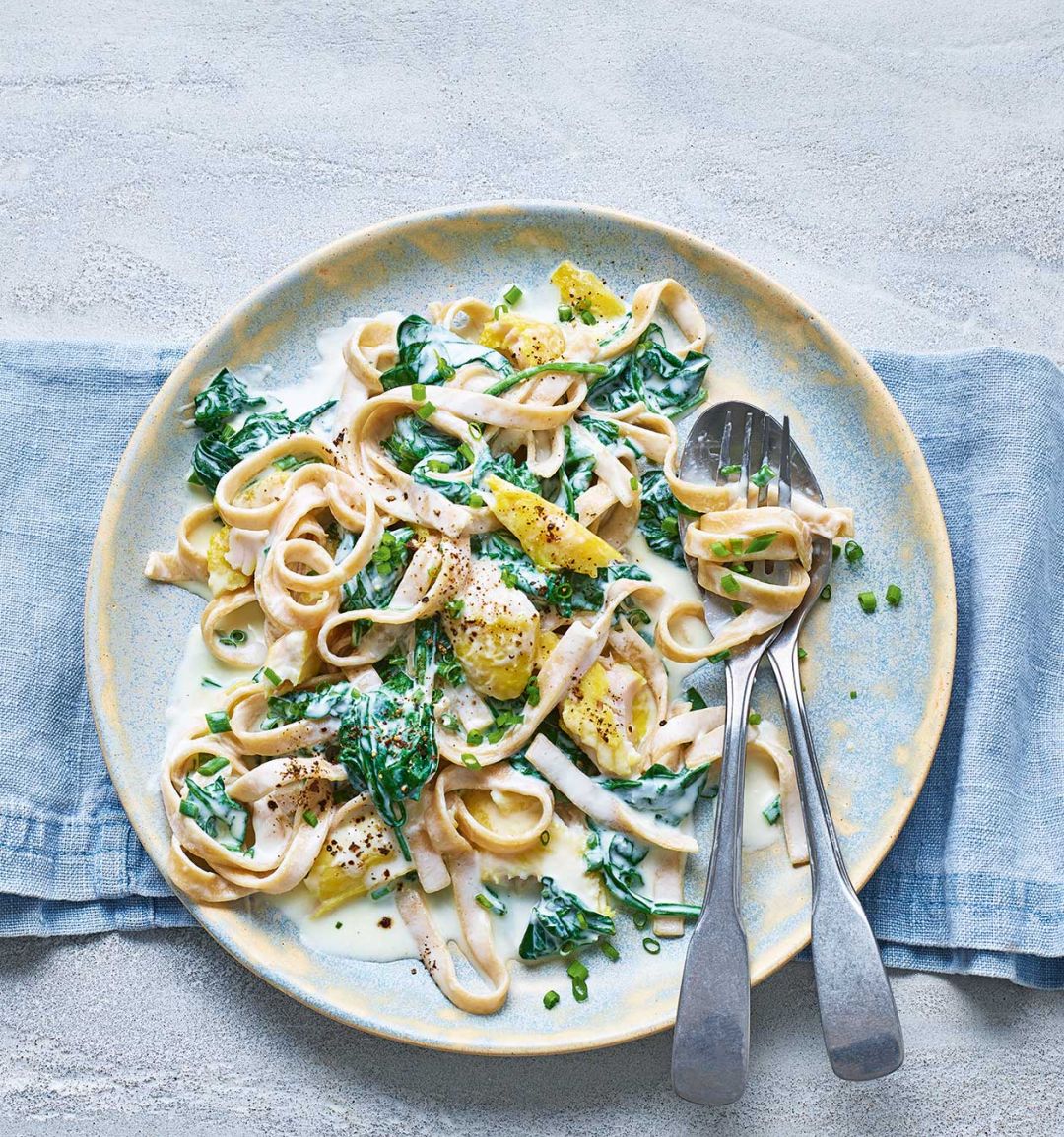 Creamy smoked fish and spinach tagliatelle