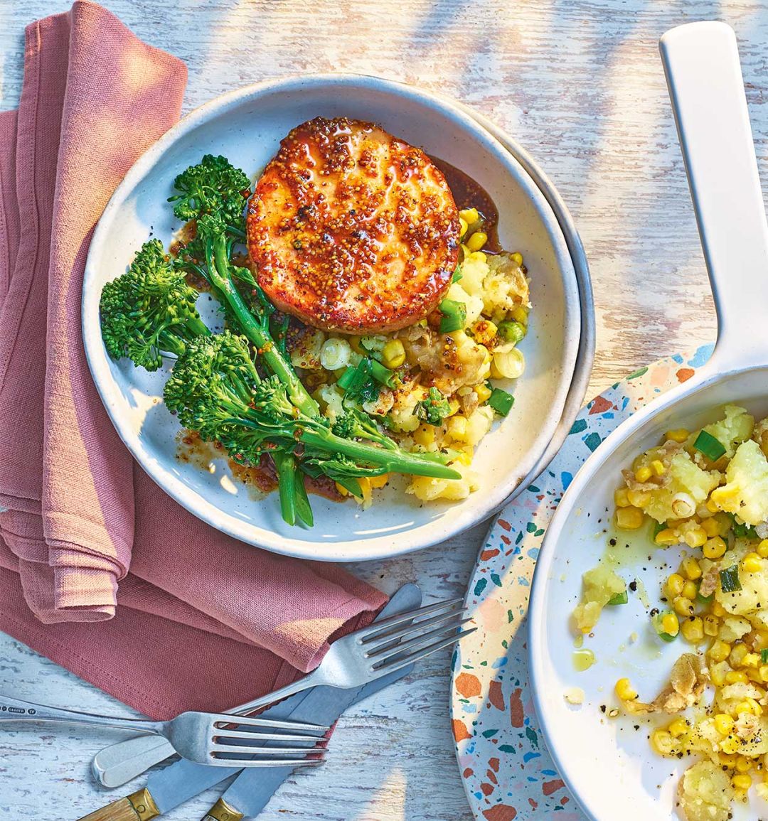 Honey-mustard bacon steaks with sweetcorn crush
