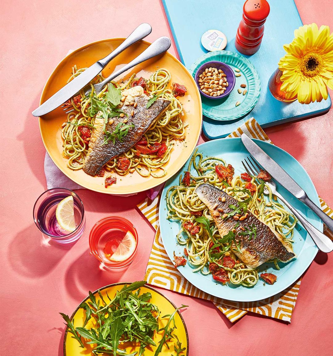 Pan-fried sea bass with pesto linguine