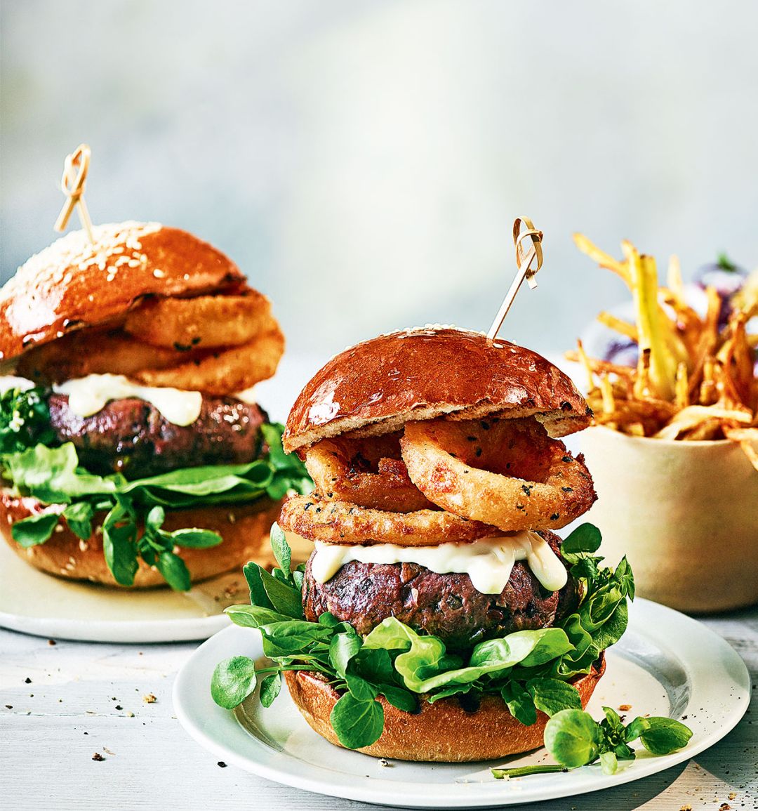 Beef and porcini burger with truffle mayo and crispy onion rings 