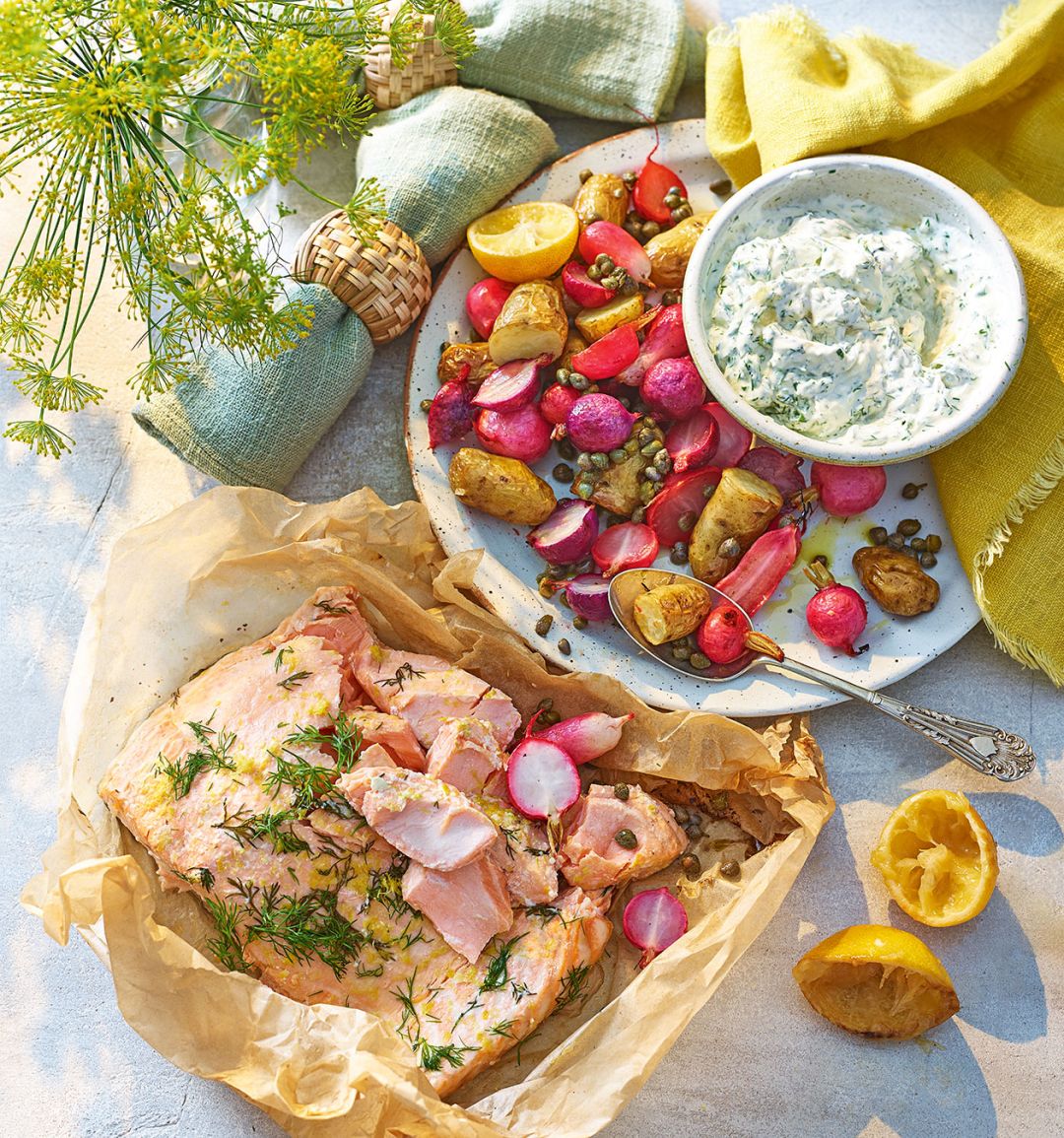 Lemony warm salmon salad