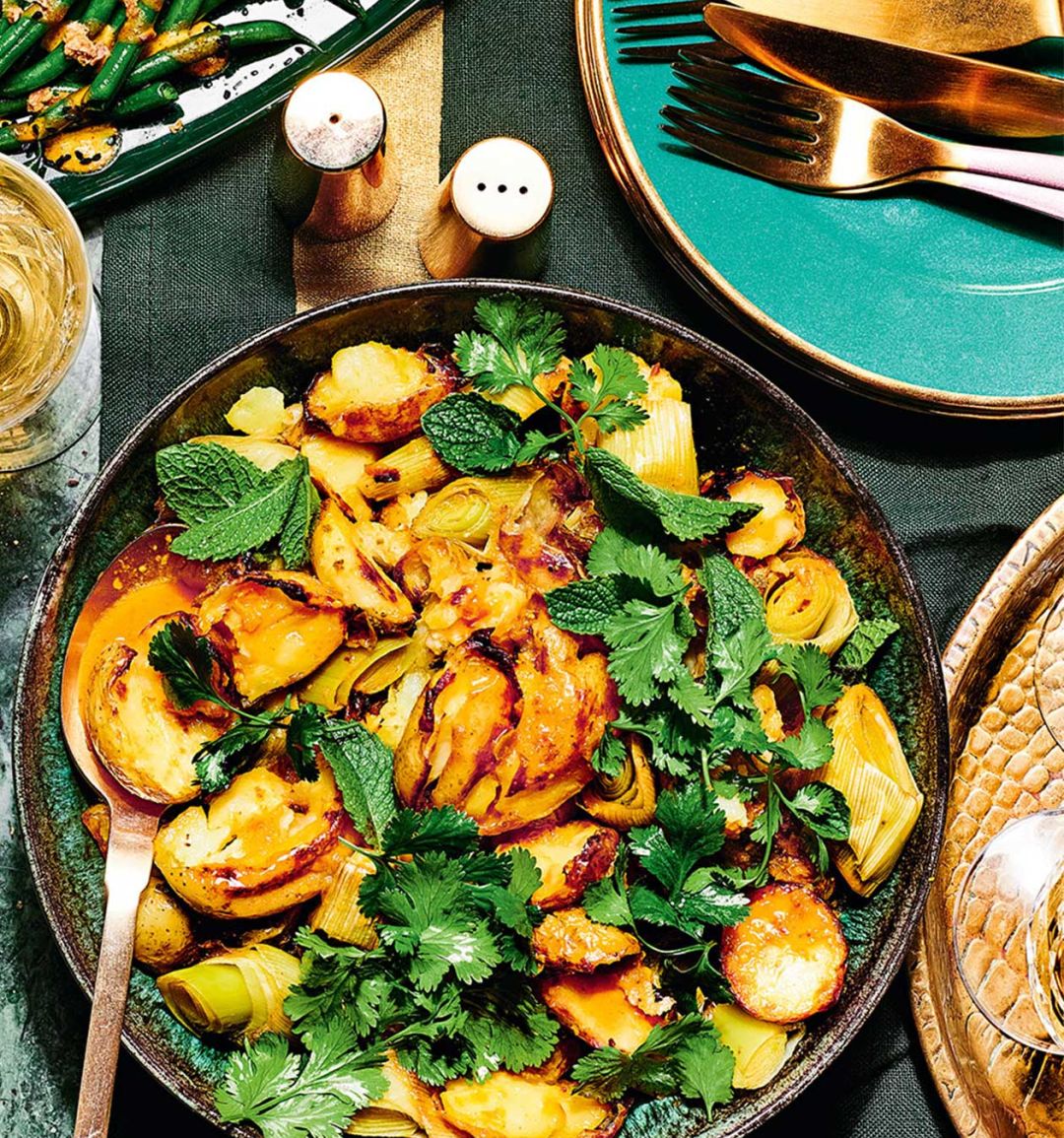 Roast potatoes and charred leeks with lime pickle dressing