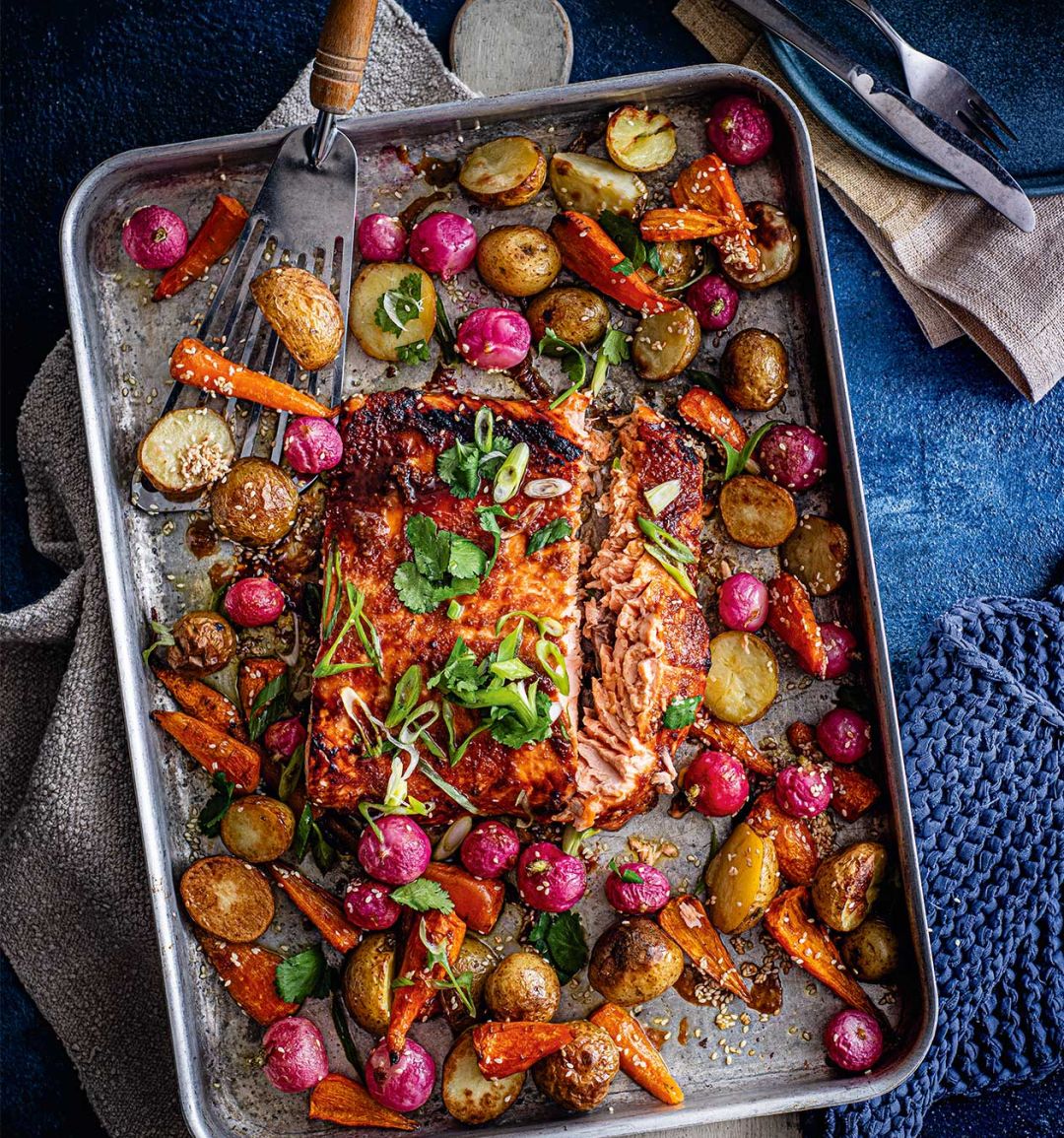 Miso salmon and vegetable traybake