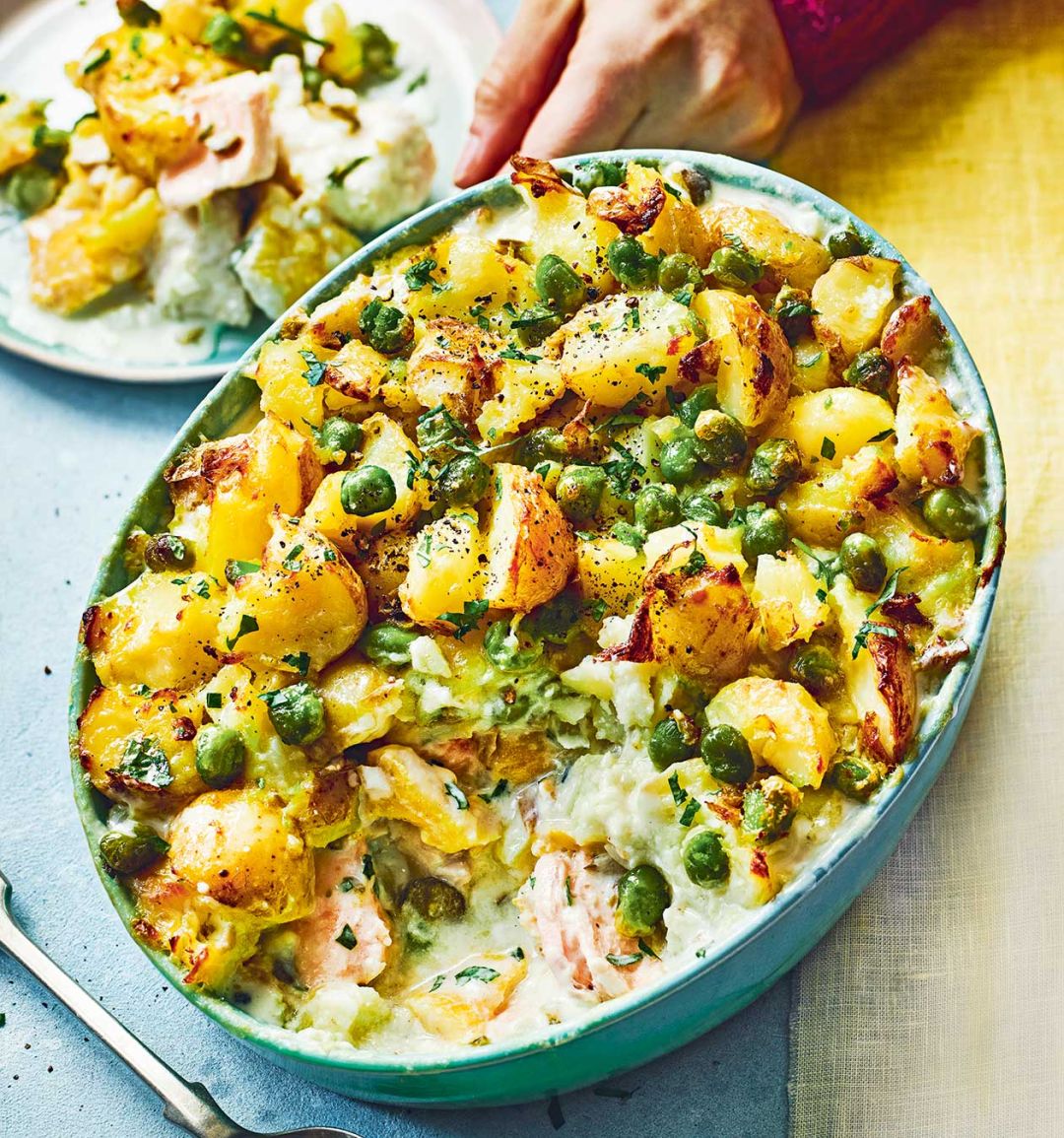 Fish pie with a mushy-pea topping