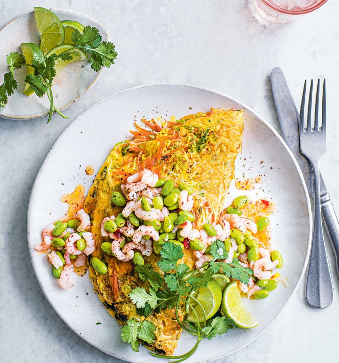 Noodle omelette with sweet chilli prawns