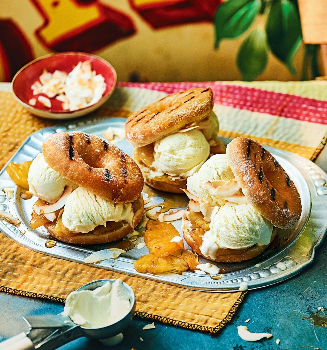 Grilled piña colada doughnuts