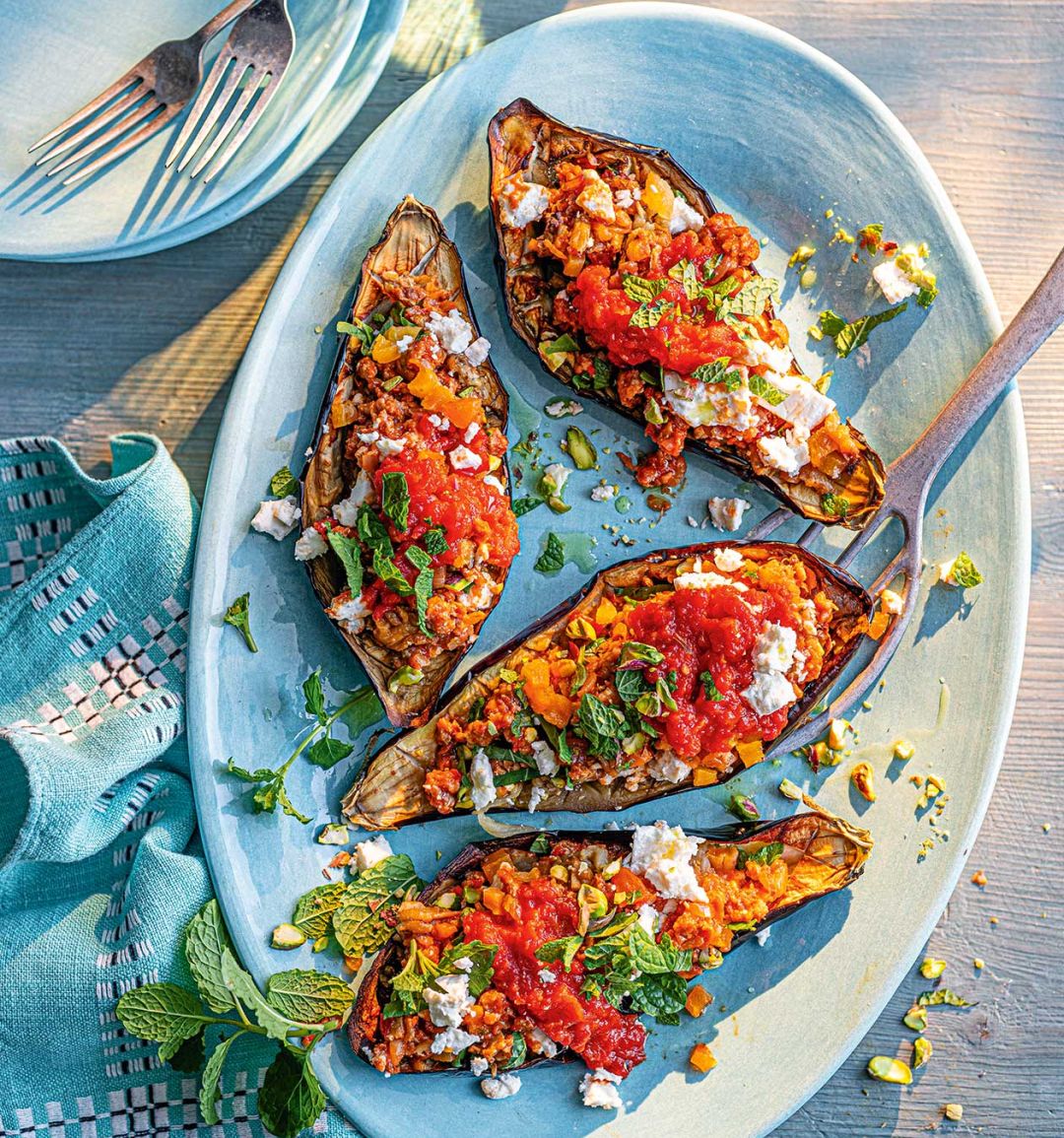 Spicy sausage-stuffed aubergines
