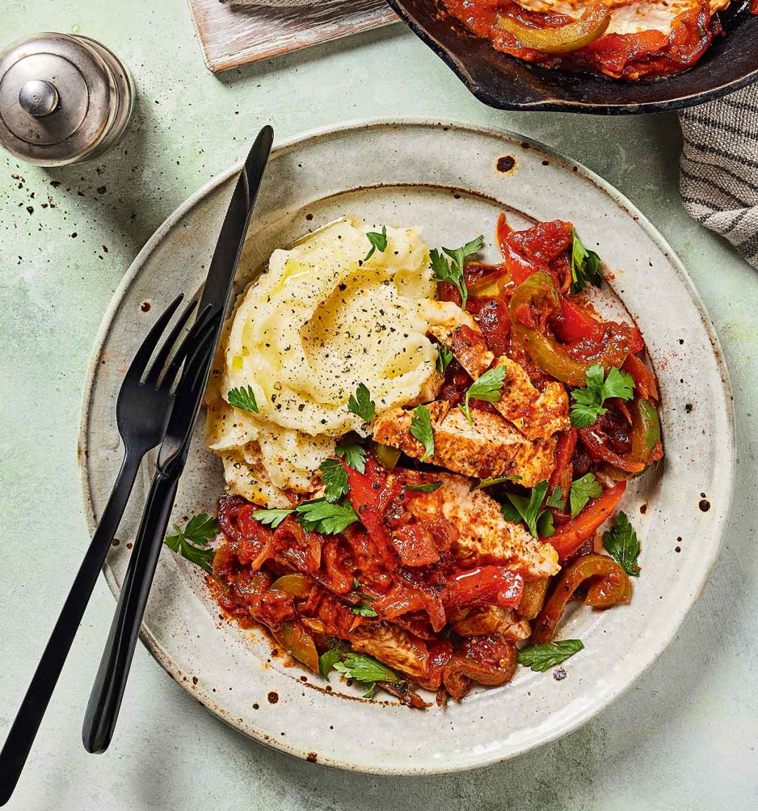 Saucy turkey steaks with a Parmesan mash