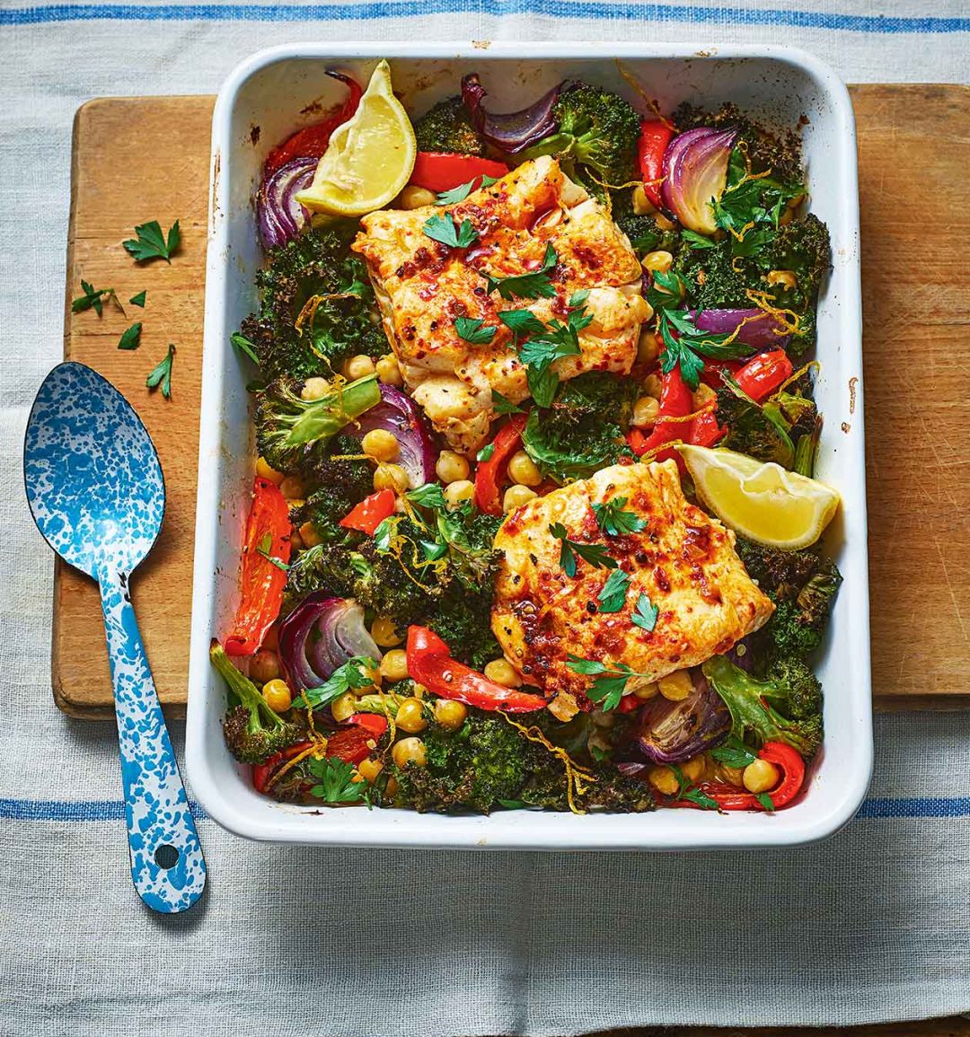 Harissa cod, chickpea and kale bake