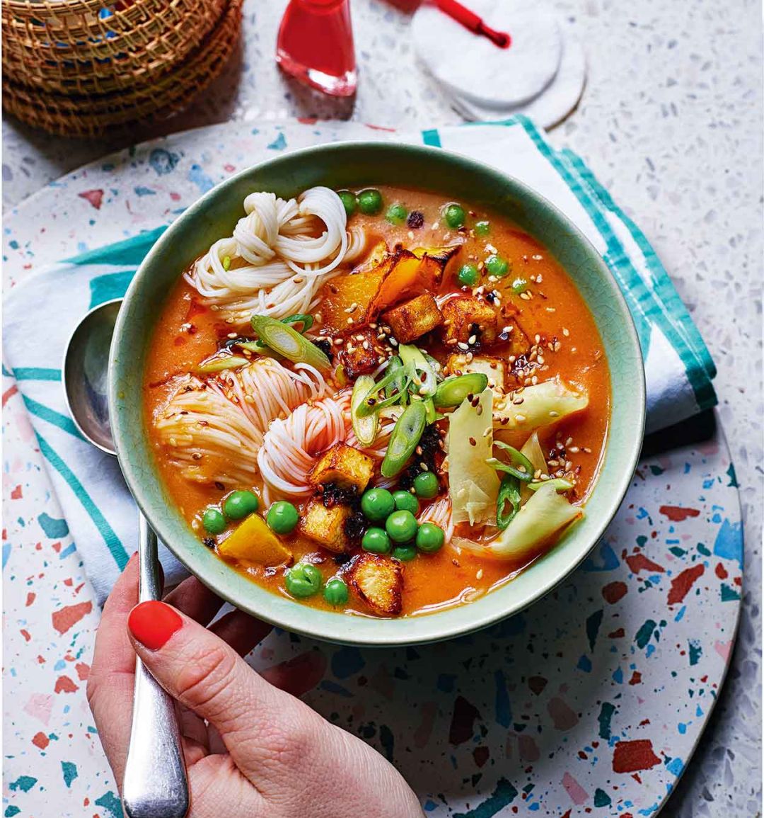 Sticky gochujang and roasted squash noodle soup 