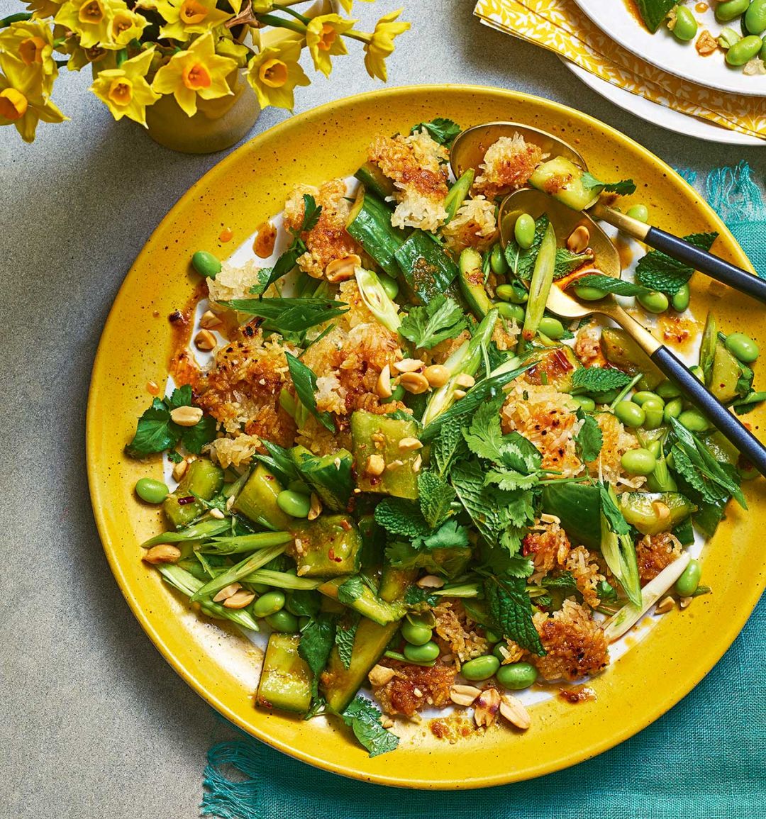 Smacked cucumber and crispy rice salad