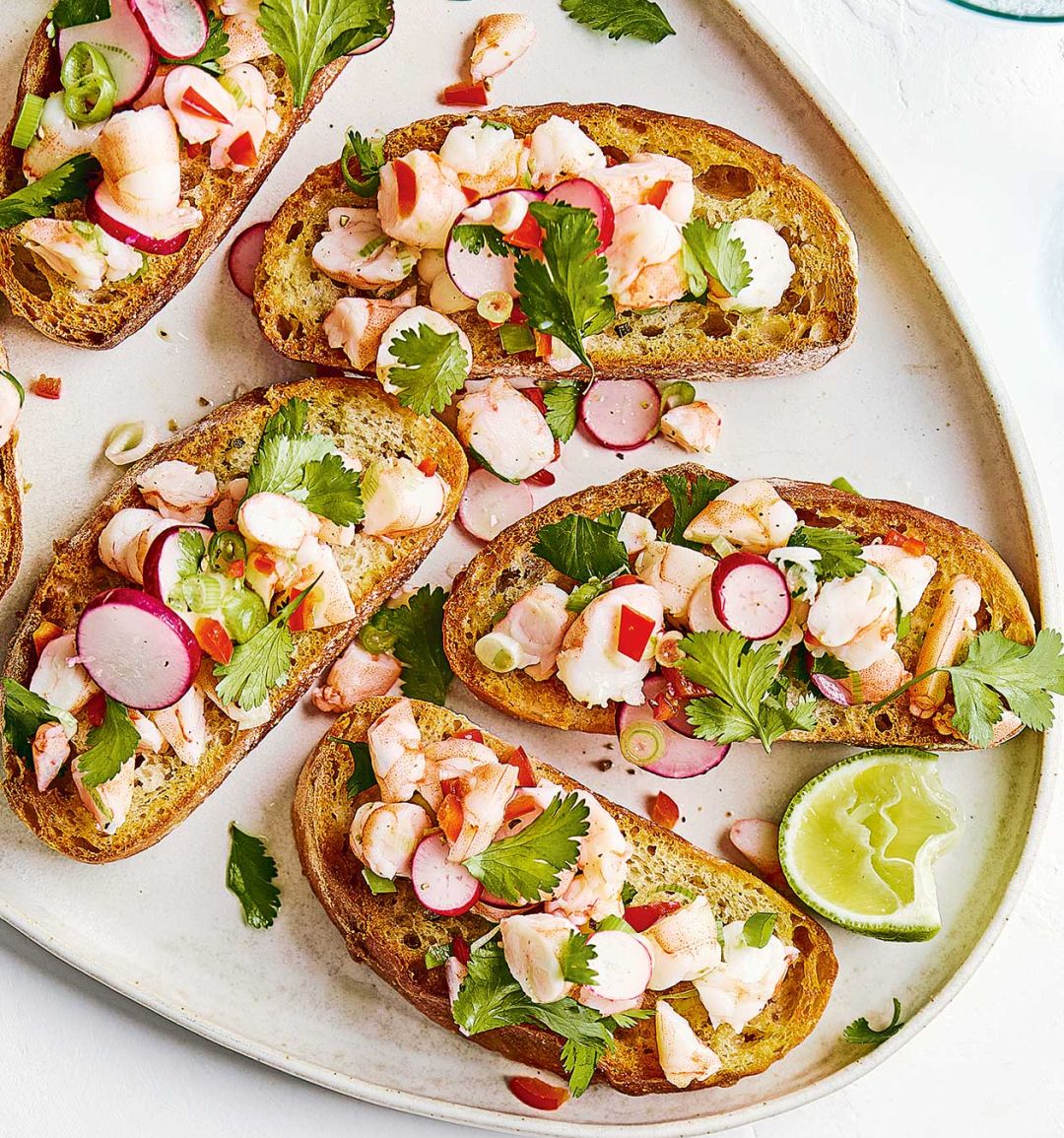 Lime and chilli-marinated prawn crostini