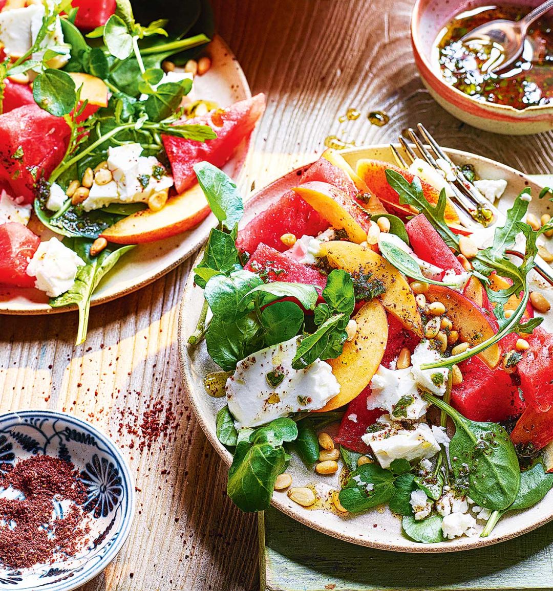 Watermelon and nectarine salad with sumac dressing
