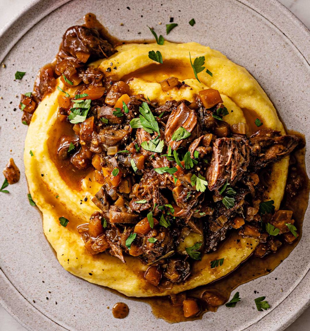 Slow-cooked beef shin with creamed polenta