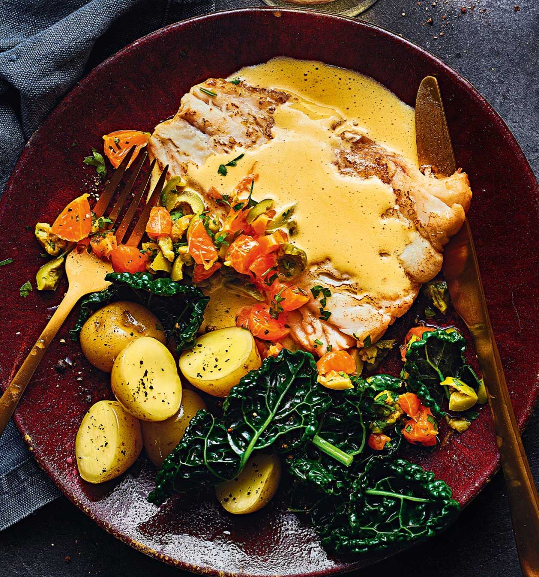 Seared cod, clementine Maltaise sauce and olive salsa