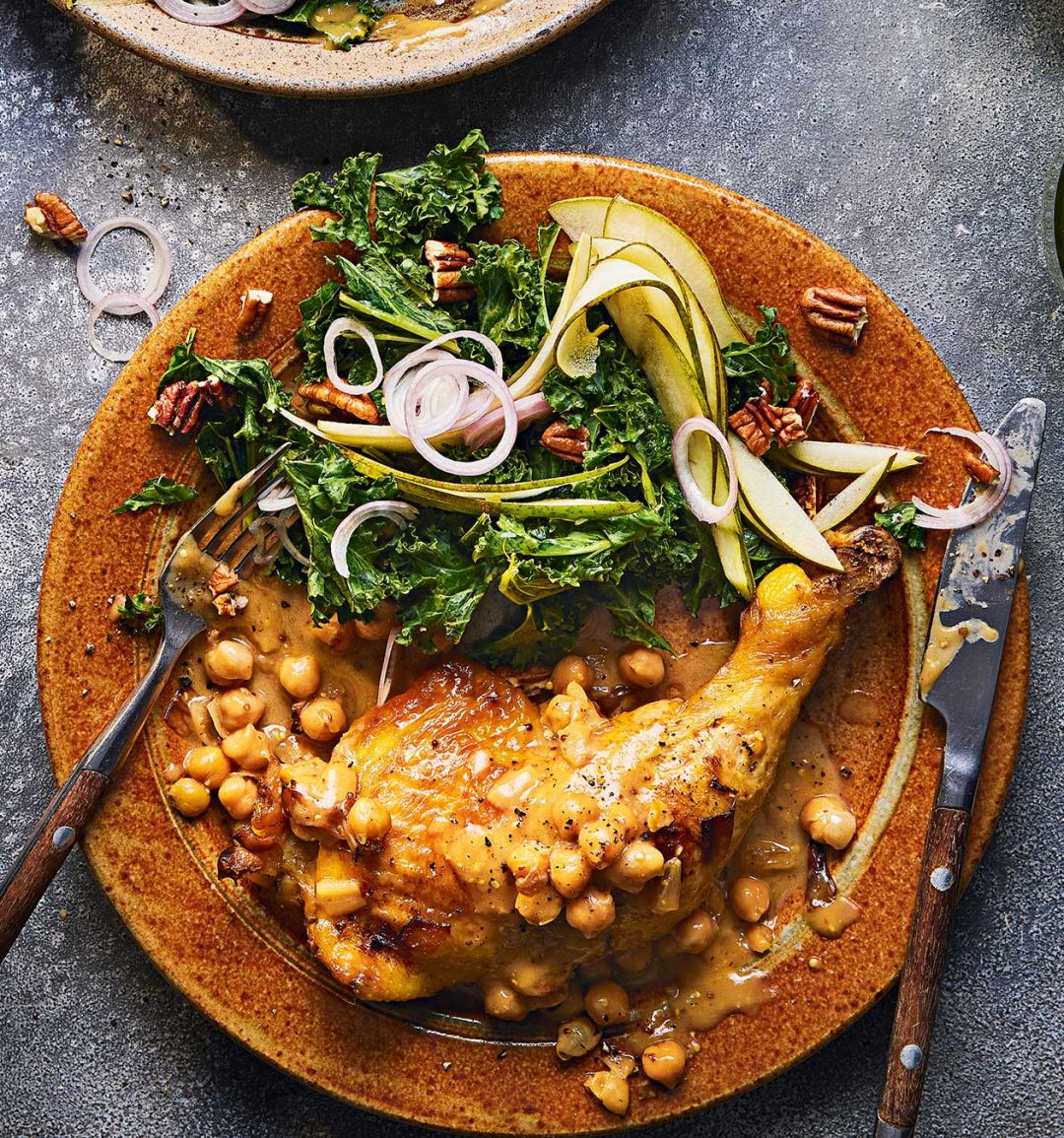 Cider-braised chicken with kale and pear salad recipe | Sainsbury's ...