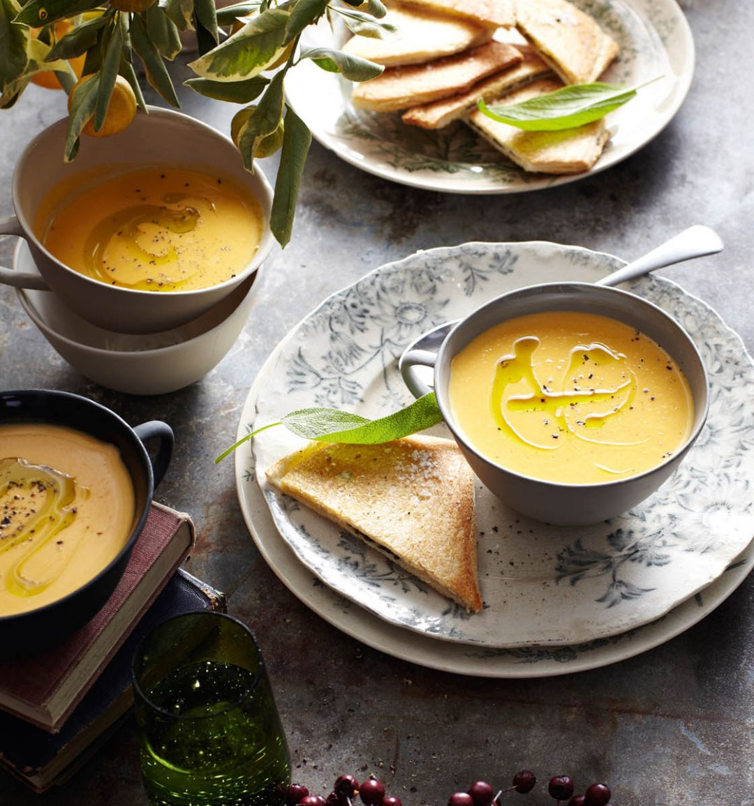Butternut squash soup with sage sandwiches